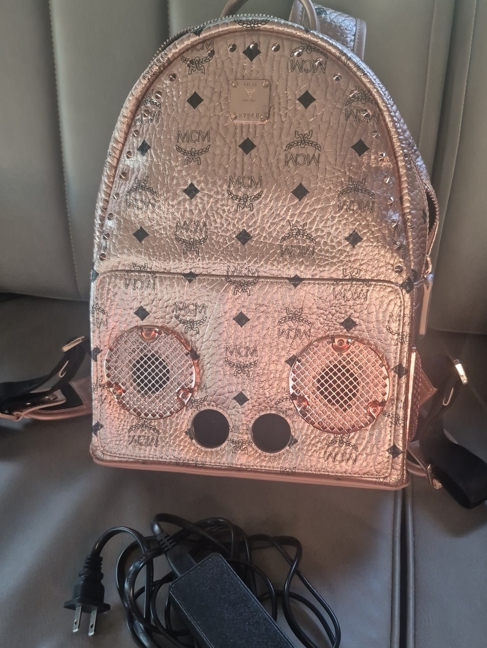 MCM Metallic Rose Gold Logo Speaker Mini Backpack